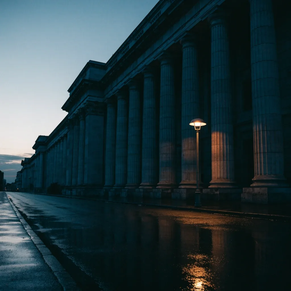 A courthouse exterior at dusk, stone steps and columns seen from a wet street