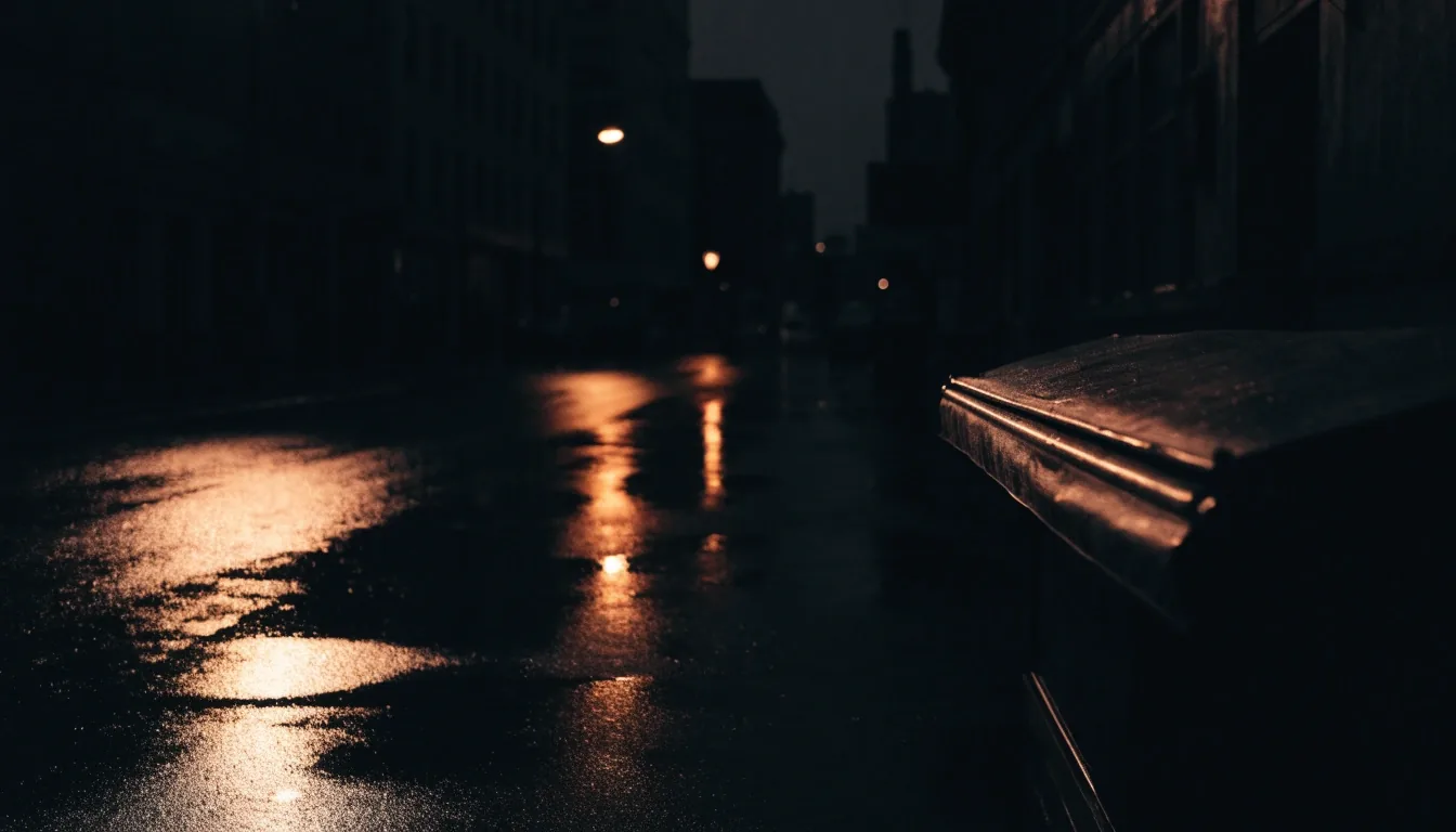 A rain-wet Brooklyn street at midnight, its asphalt reflecting amber streetlight spill under a closed newsstand awning