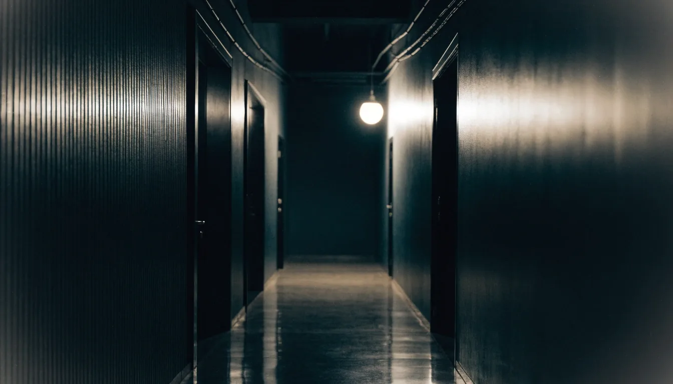 An empty institutional corridor at night, closed doors along a polished floor under one lit lamp