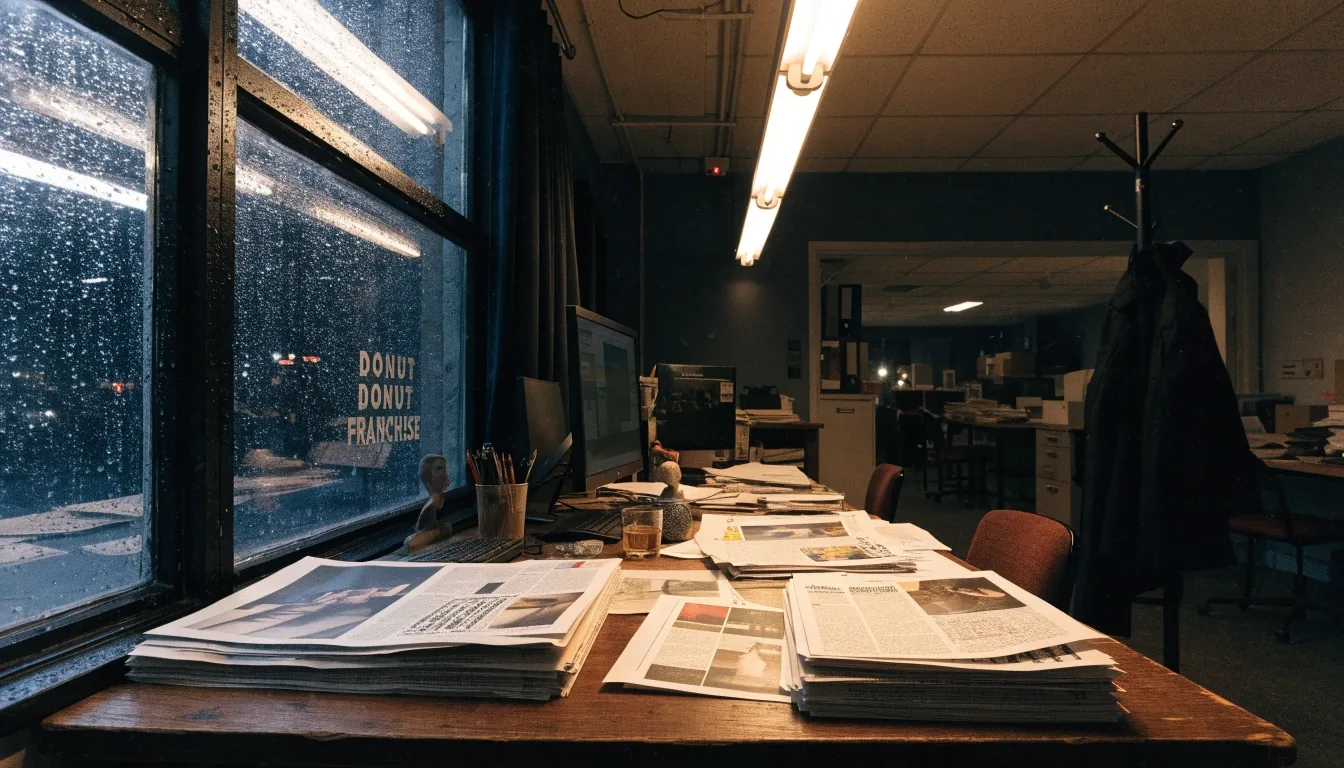 A late-night editorial desk in a Brooklyn newsroom with a rain-flecked window behind it