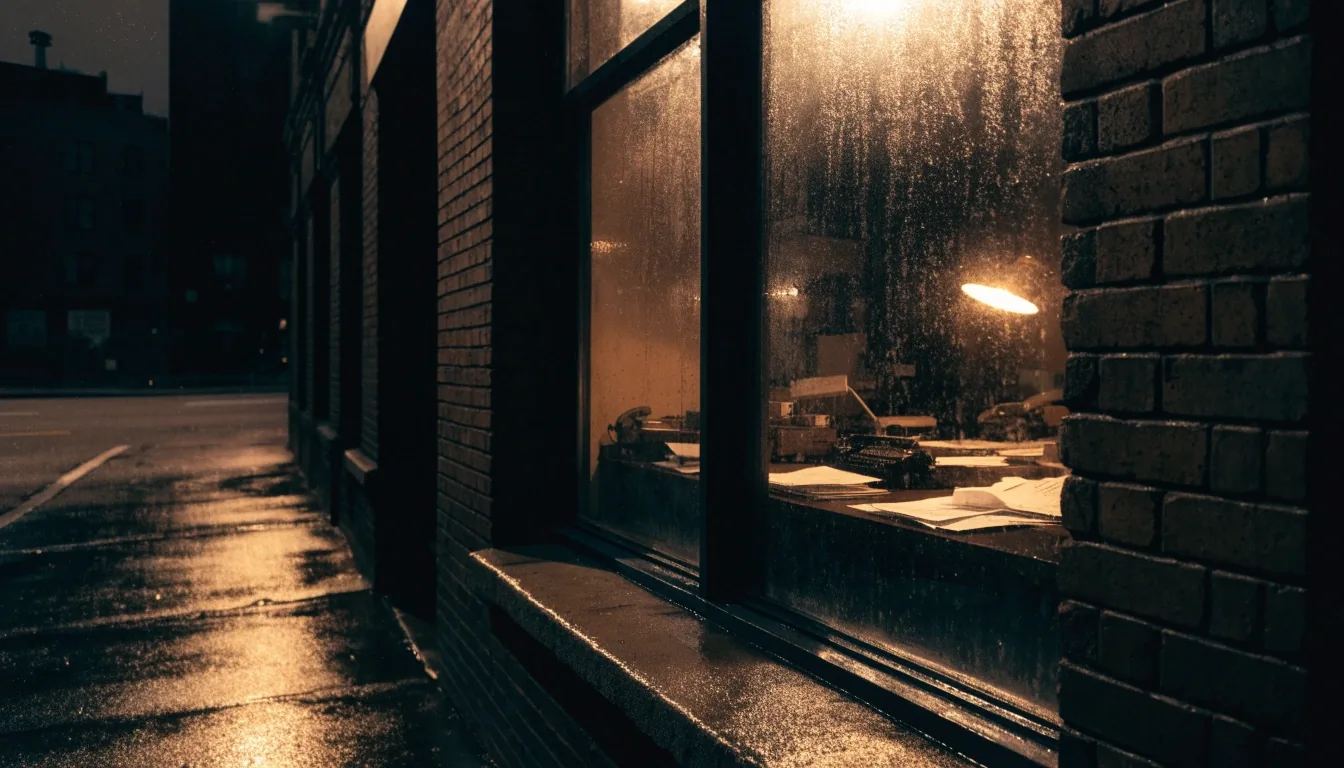 A rain-wet Brooklyn street at night under amber streetlight, the newsroom's own block in deep shadow