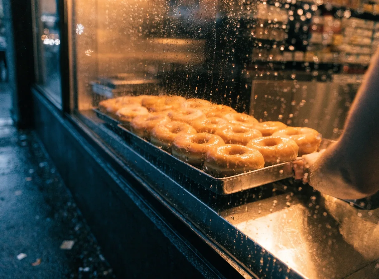 A doughnut shop counter seen through rain-streaked glass at night, trays under warm counter light