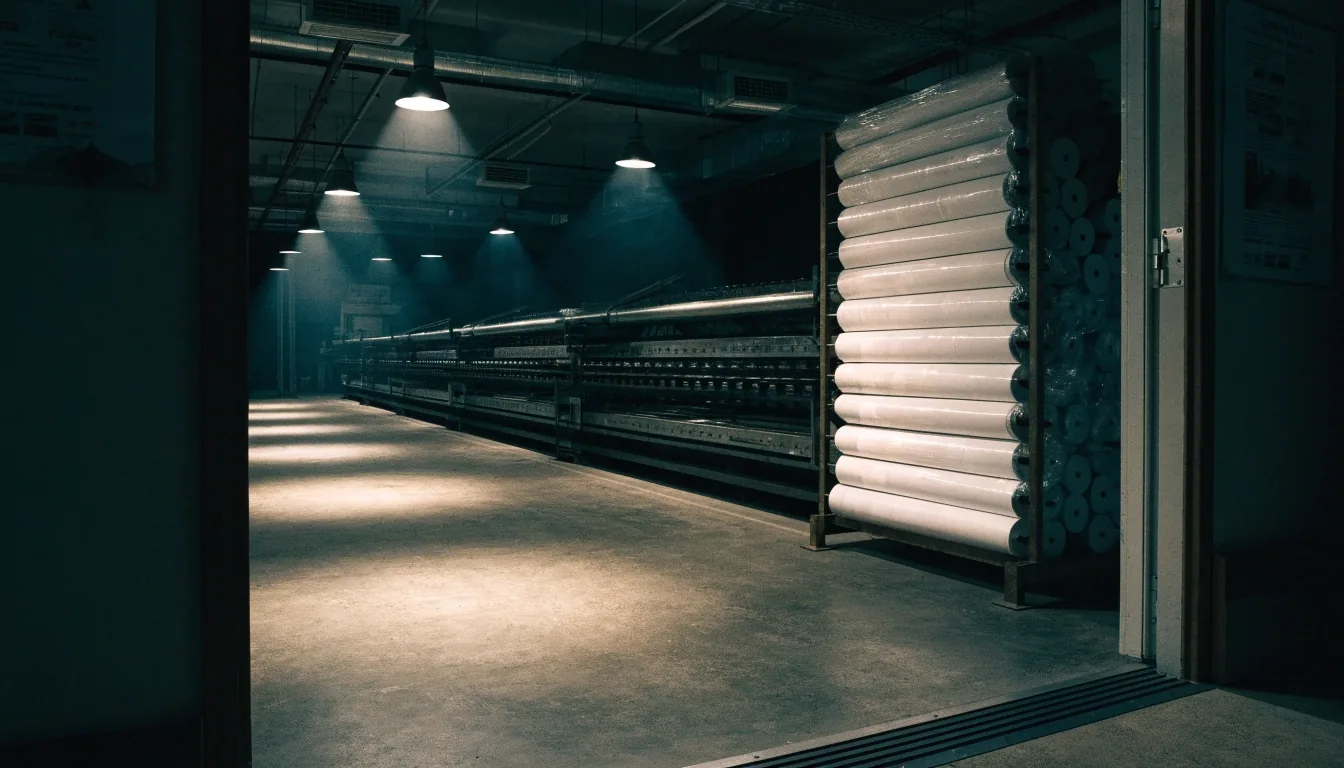 An empty press-room floor with a roller press and newsprint rolls under overhead lamps