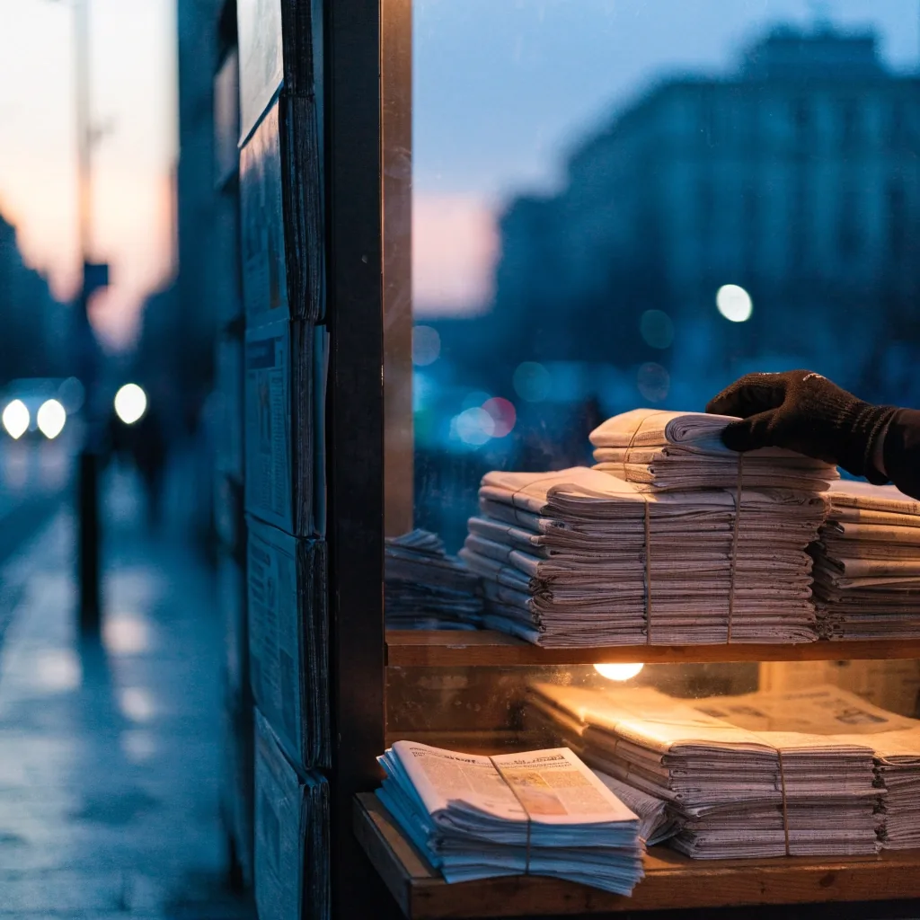 Folded newspaper on a wet cafe table in grey morning light, hands at the edge of the frame