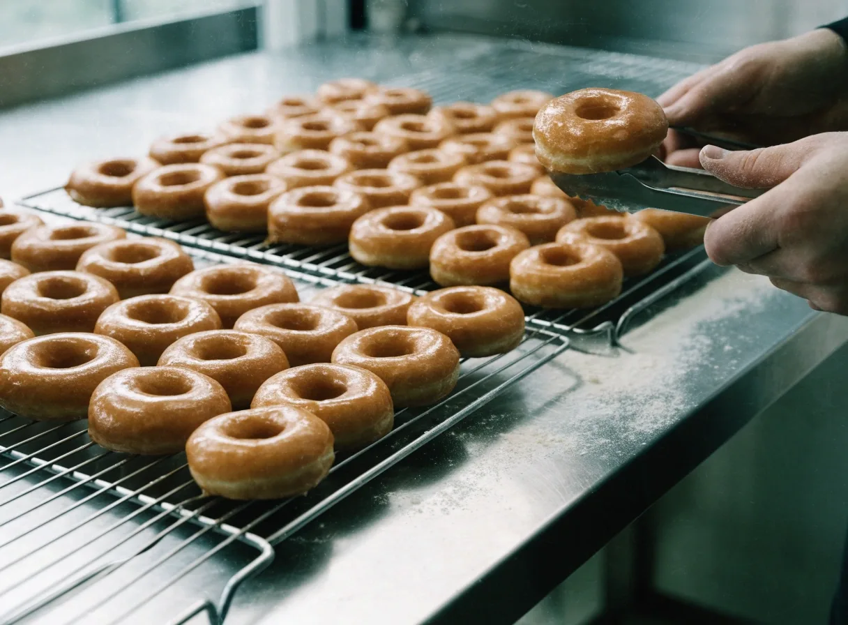 Trays of glazed doughnuts cooling on metal racks on a bright bakery prep bench