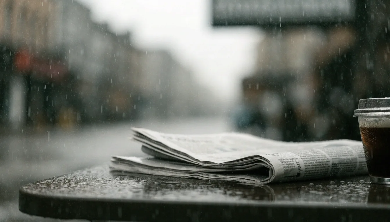 A folded newspaper on a damp table outdoors in grey rain