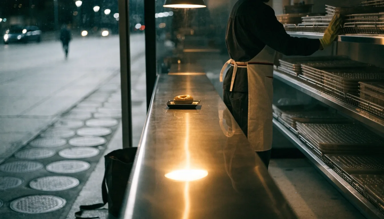 Doughnut shop interior seen through a wet window at night, trays under warm counter light