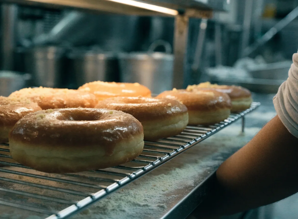 Glazed doughnuts cooling on a stainless rack inside a shop kitchen