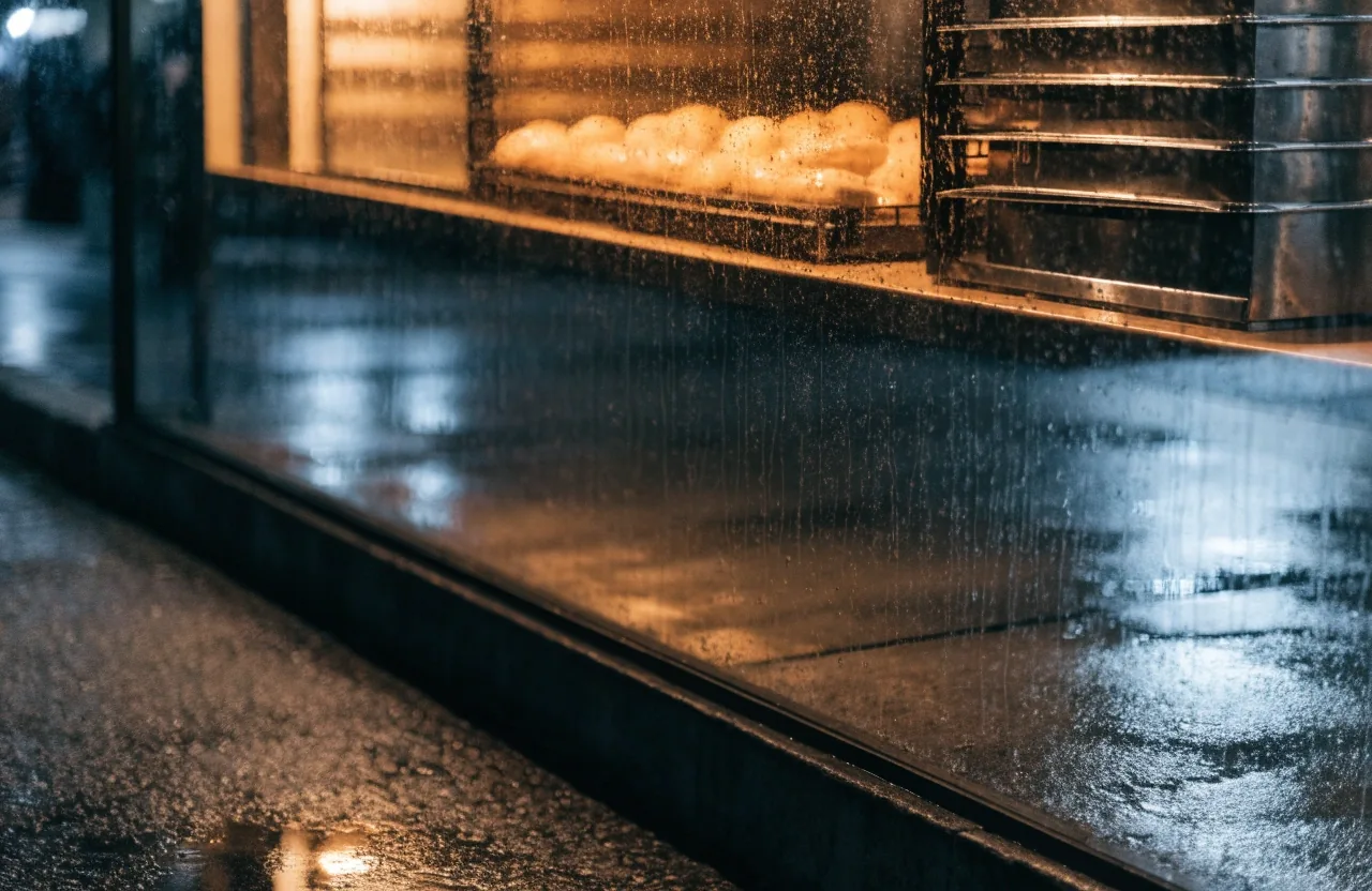Rain-streaked shop glass at night with a warm counter glow inside a doughnut shop