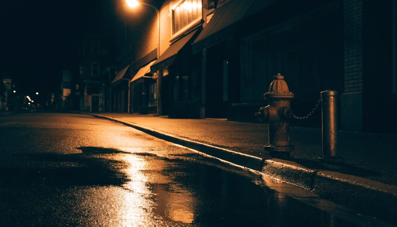 A rain-wet Brooklyn street at midnight with amber streetlight spilling across standing water, the block in near-darkness above
