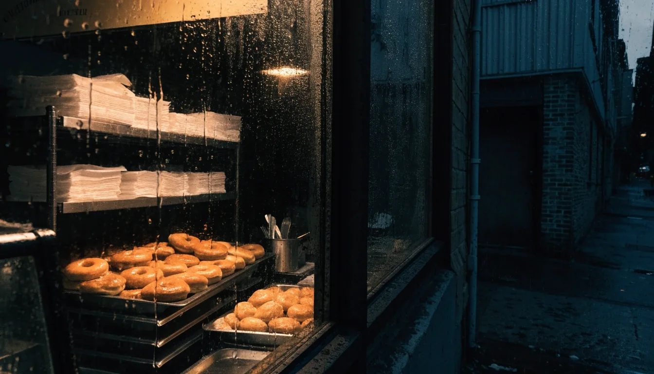 A rain-wet Brooklyn street at night under a single sodium streetlight