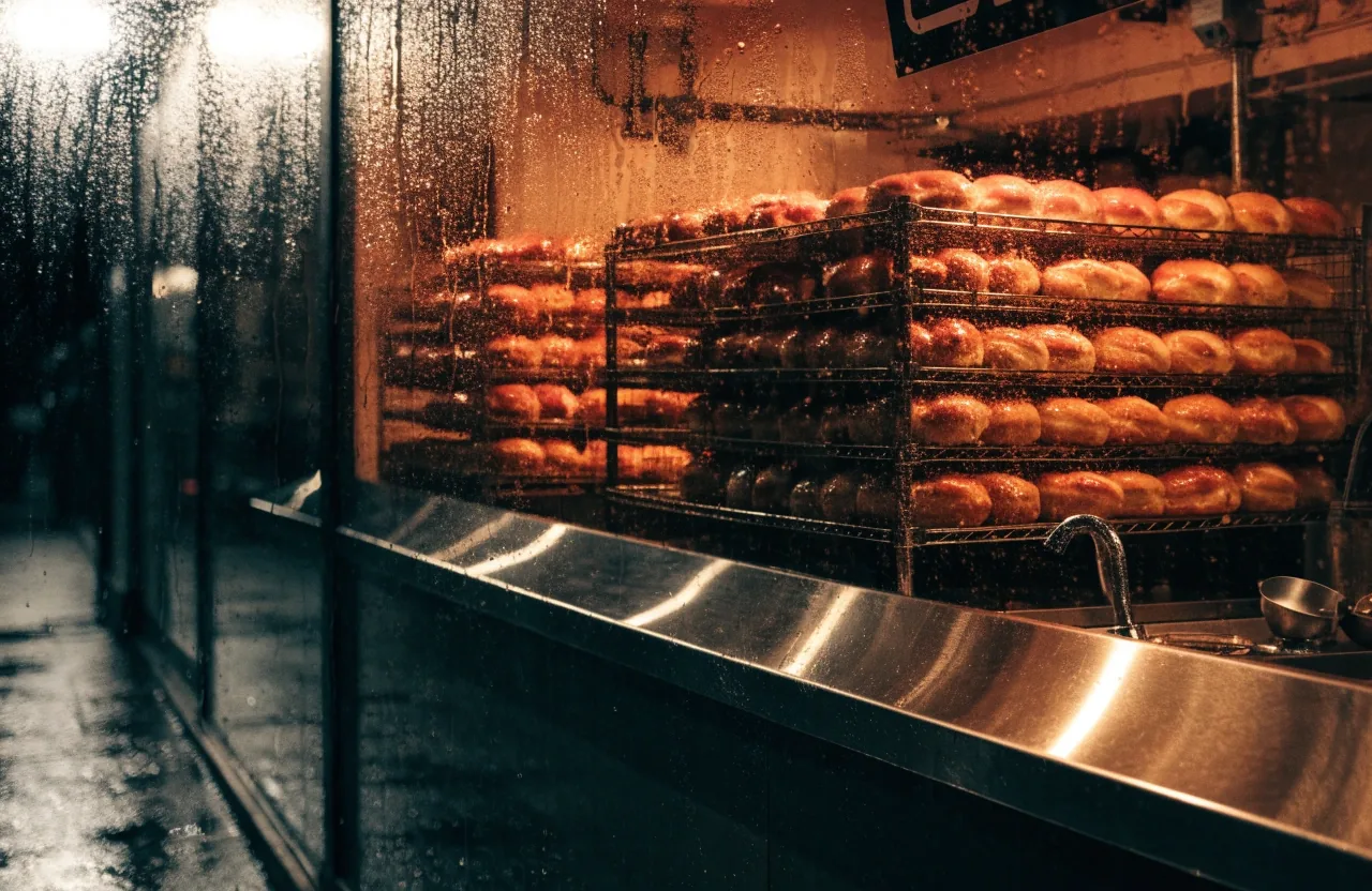 Doughnut shop counter at night seen through rain-streaked glass, warm amber light across stacked trays