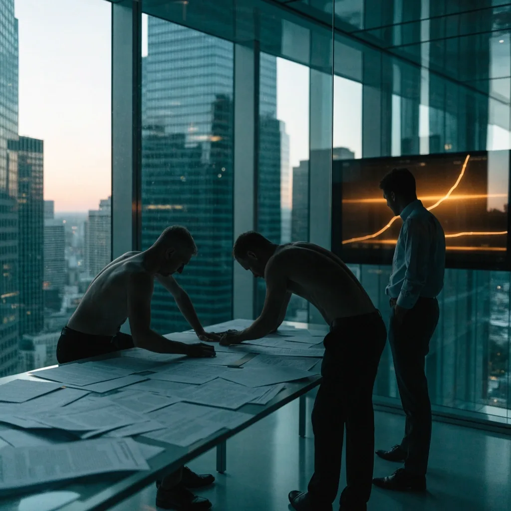 Finance professionals in a downtown office at dawn reviewing printed figures beside an out-of-focus wall screen