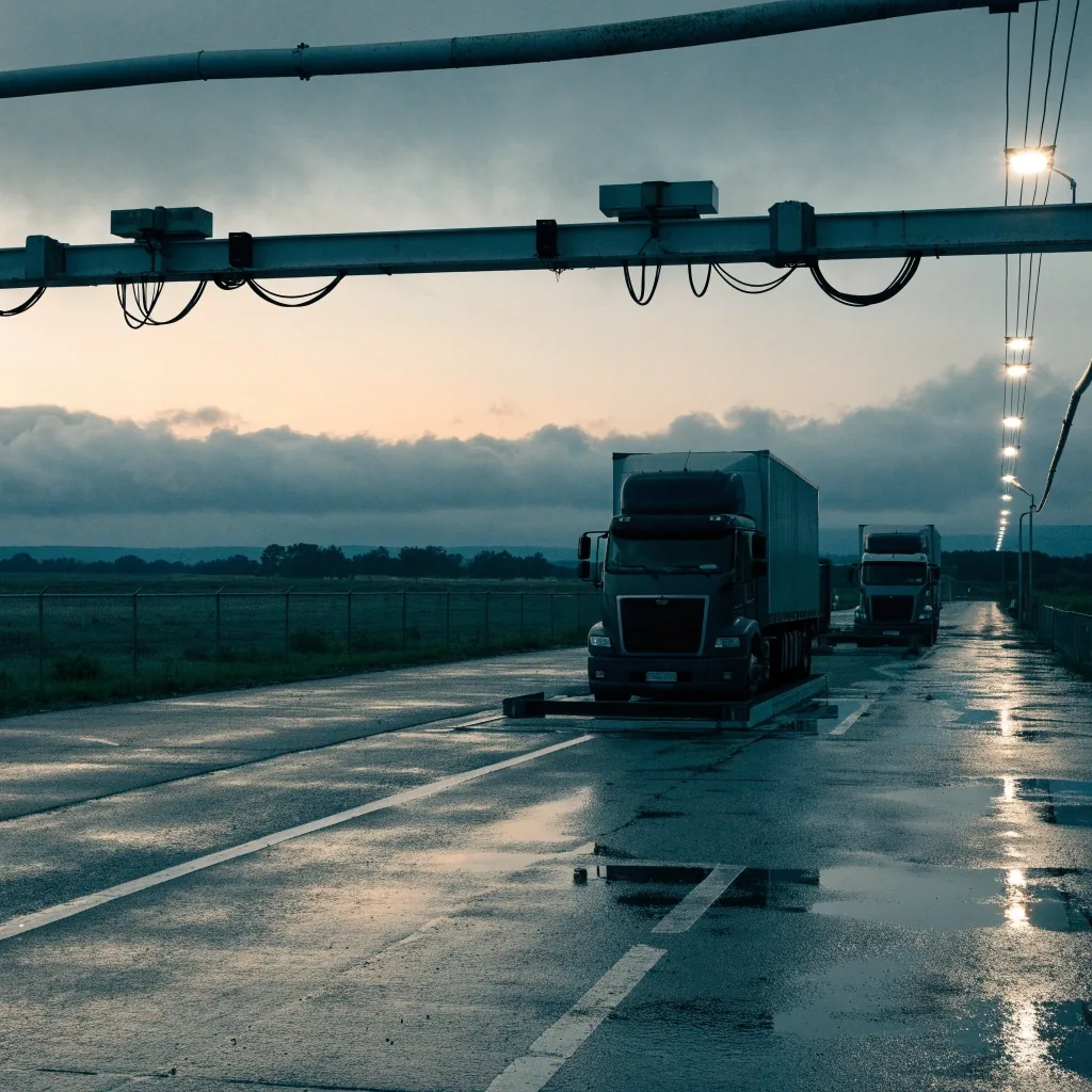 Freight checkpoint and weigh station at dusk with two long-haul trucks queuing on wet concrete