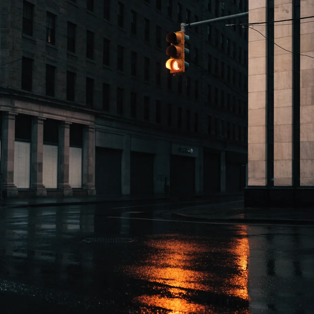 Rain-wet Brooklyn intersection at midnight under amber streetlight spill, the lower third in near-black shadow