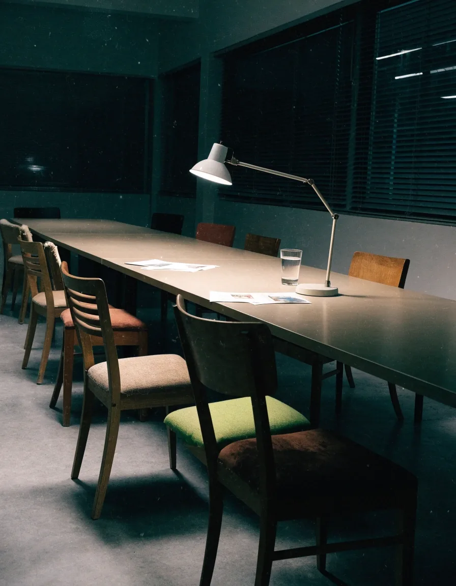 Empty press room floor at night with machines in shadow