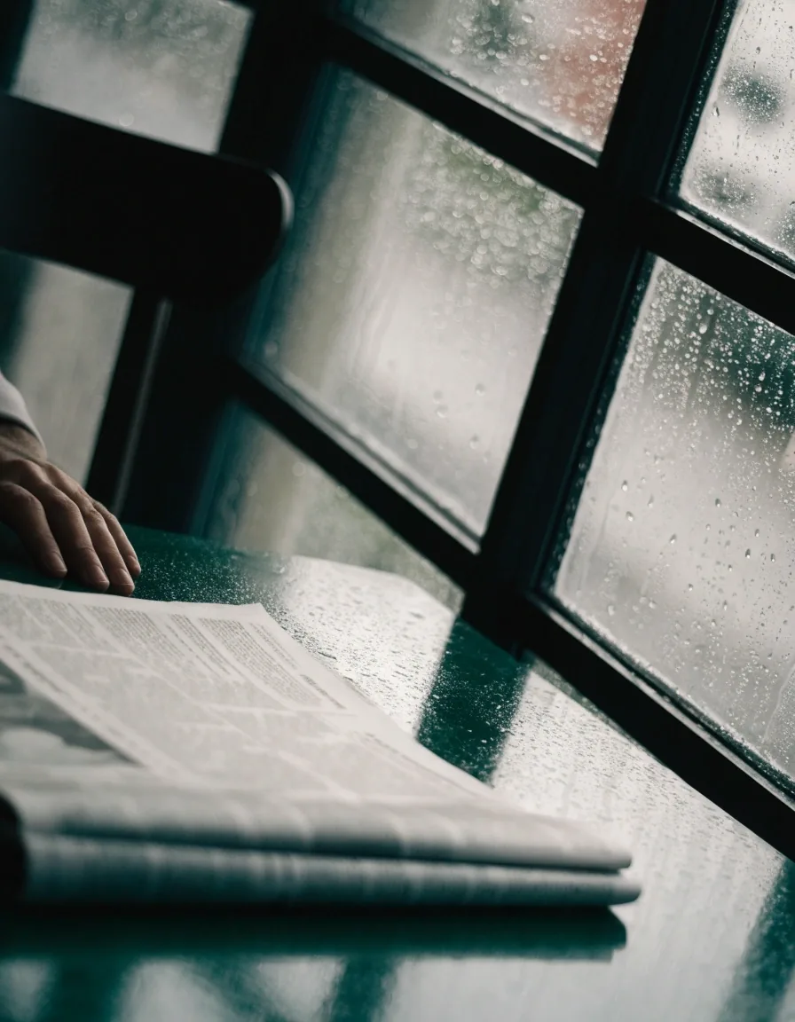 Folded newspaper face down on a wet café table beside a rain-flecked window