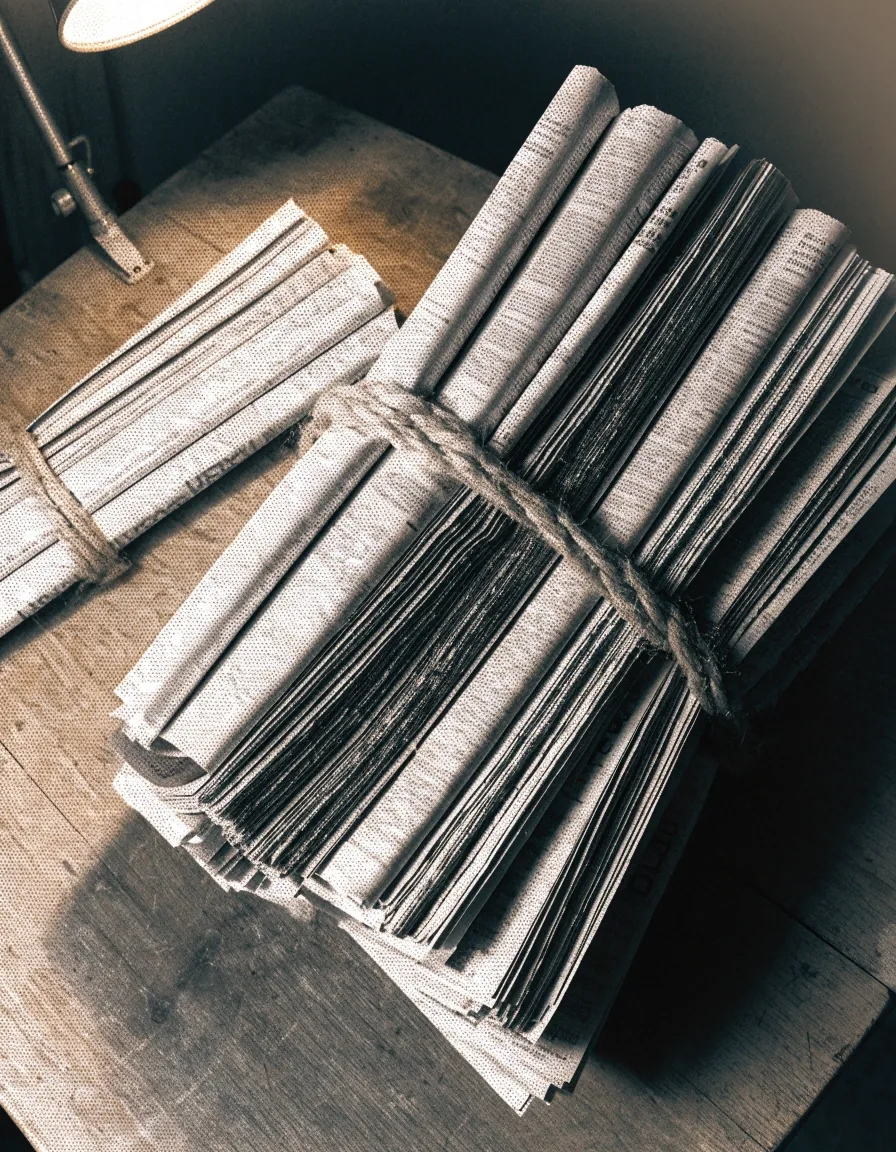 Folded newspapers bound with cord on a wooden table