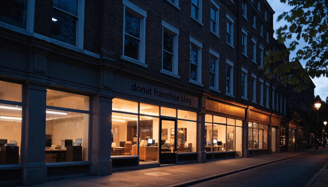 A brick newspaper office at blue hour with warm light in the ground-floor windows