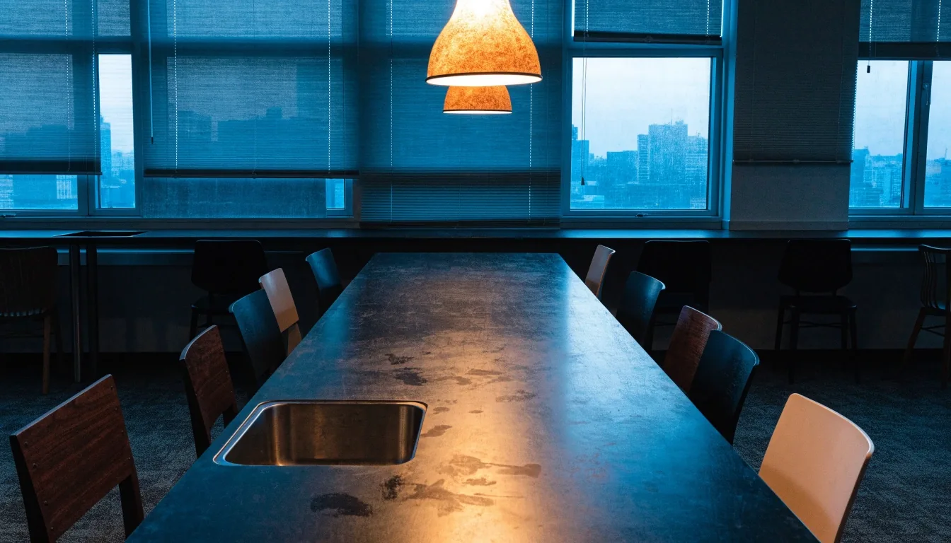 An empty newsroom floor before dawn, lit by a single amber desk lamp