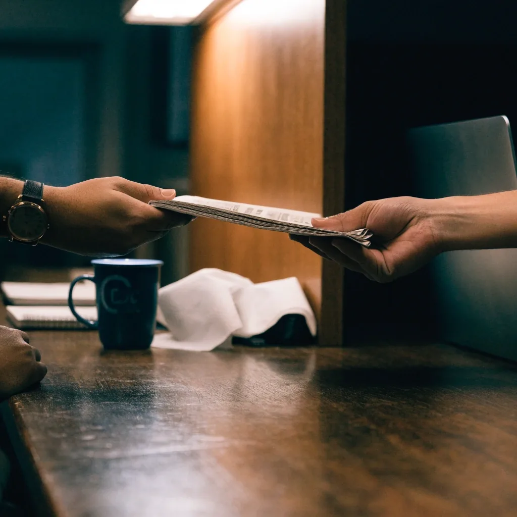 Hands moving a folded newspaper across a desk in a working newsroom