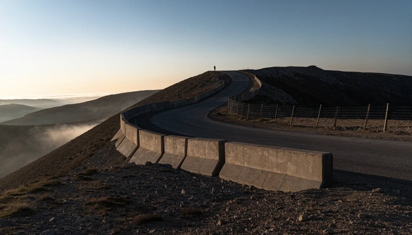 A border outpost on a dry ridge at first light, wire and barriers running along an empty road