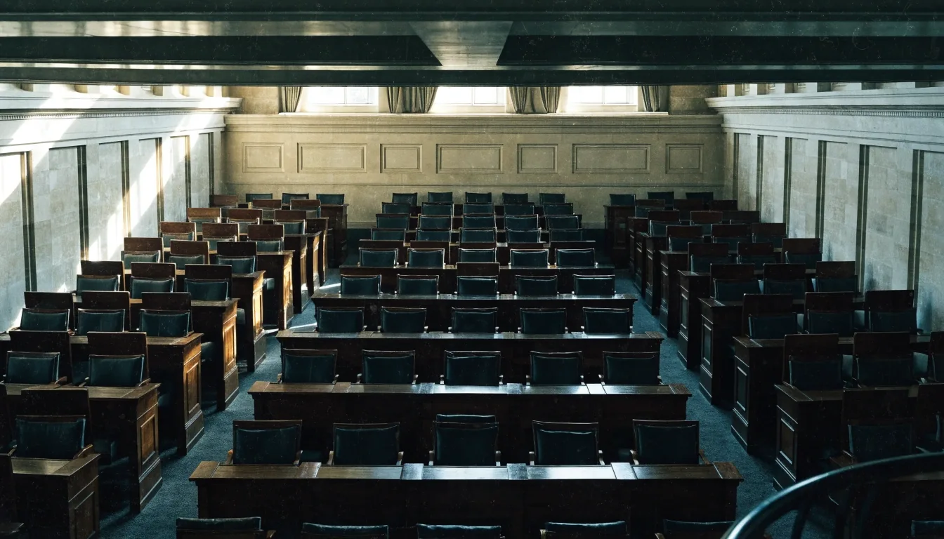 Empty tiered seating in a parliament chamber seen from the gallery rail