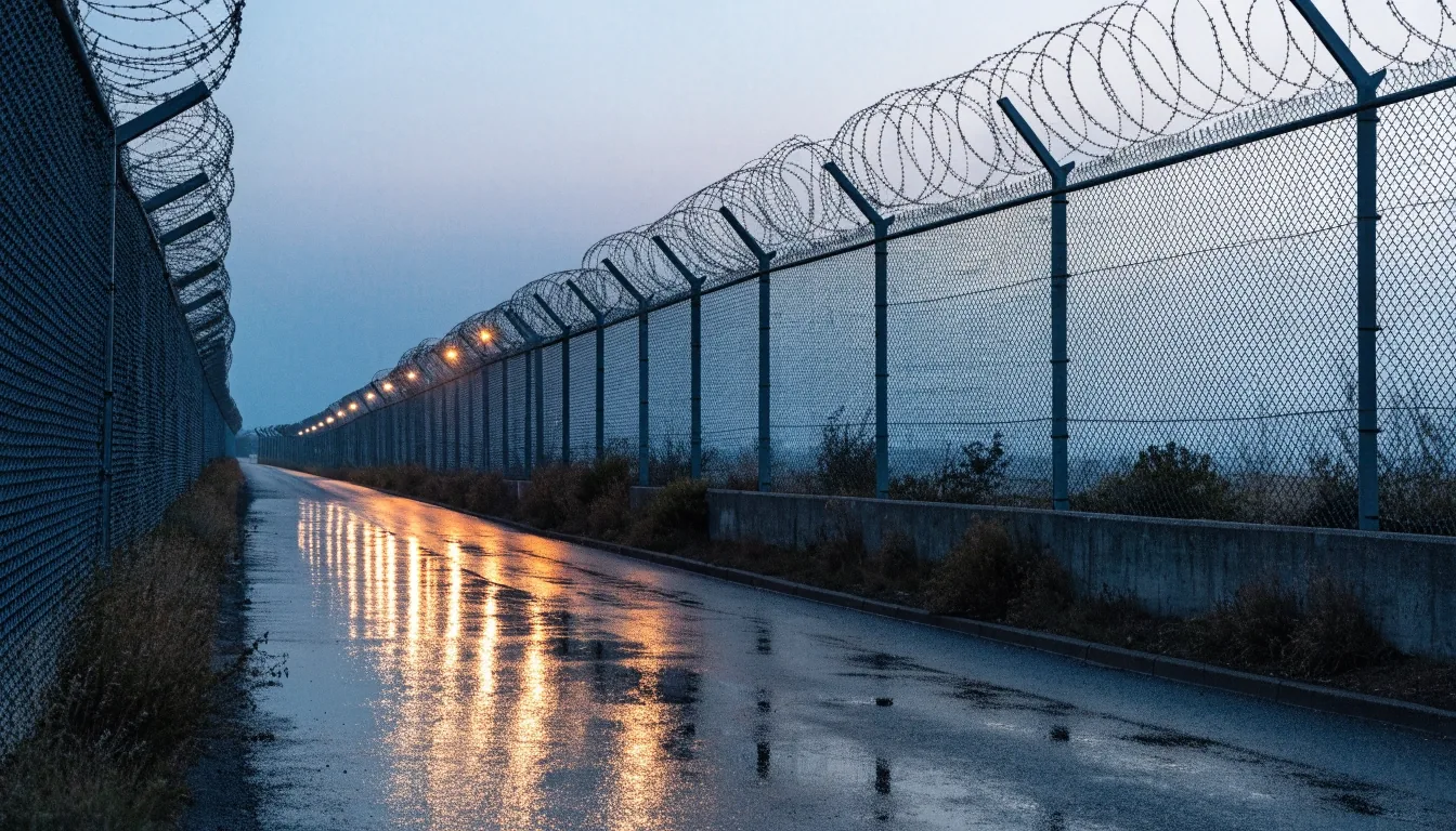 A prison perimeter wall and security fence under amber lamps at night