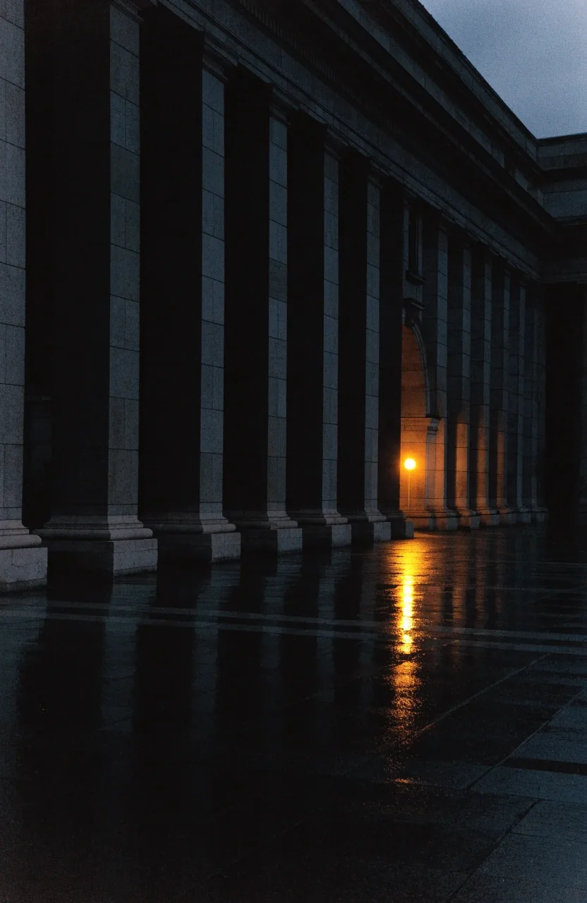 A courthouse colonnade at dusk seen across an empty rain-slick plaza