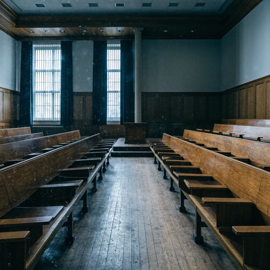 An empty courtroom seen from the public gallery rail under cold daylight