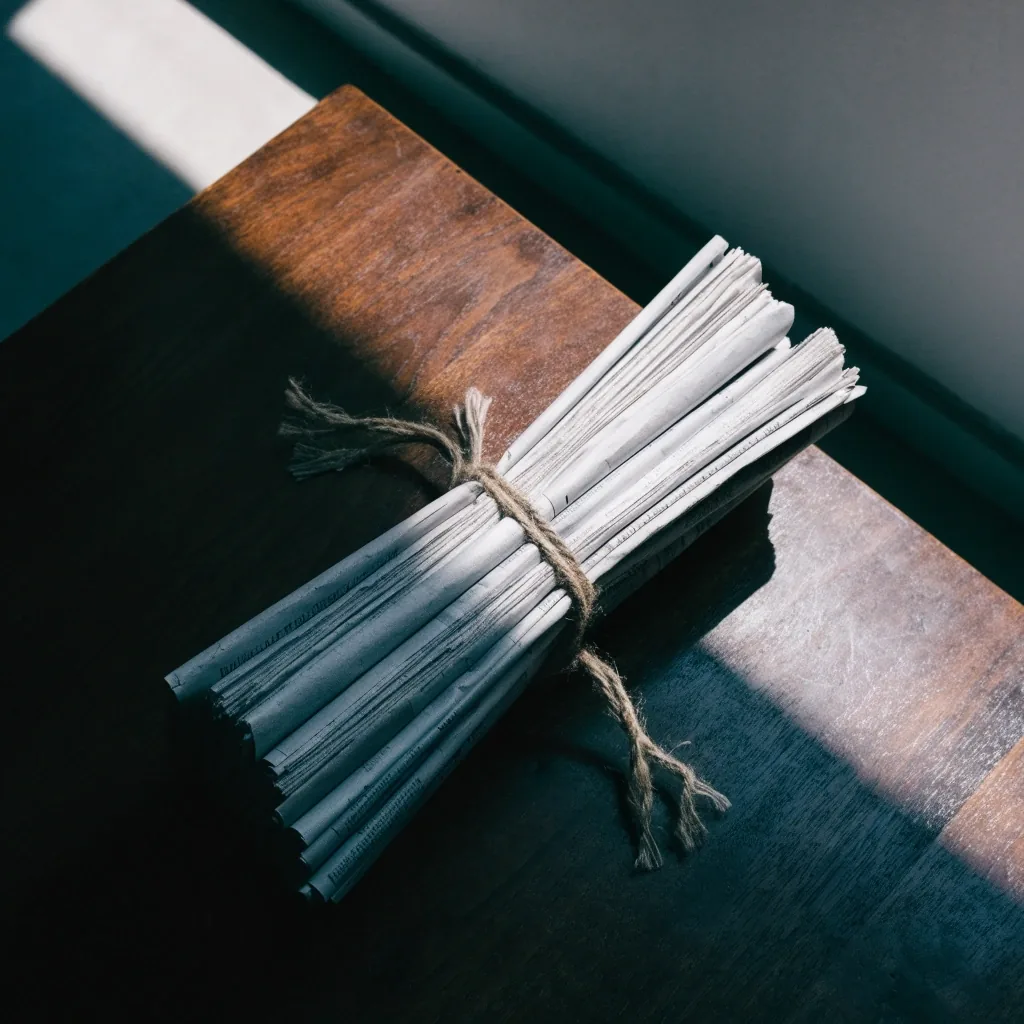 Folded papers bound with cord on a wooden table, the paper record of every issue