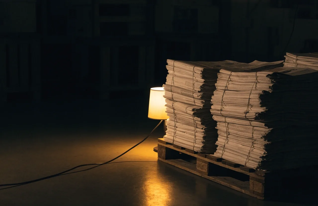 A night press desk with a bound stack of folded newspapers under a single lamp