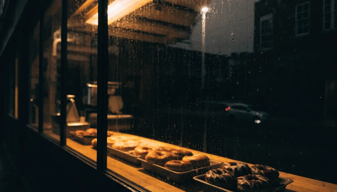 A rain-streaked shop window at night with warm counter light and trays of doughnuts inside