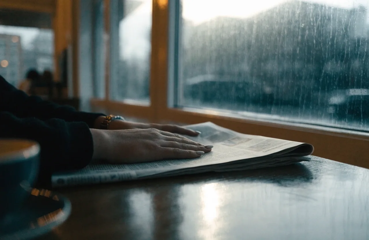 A reporter's hands over a folded newspaper on a wet café table beside a rain-streaked window