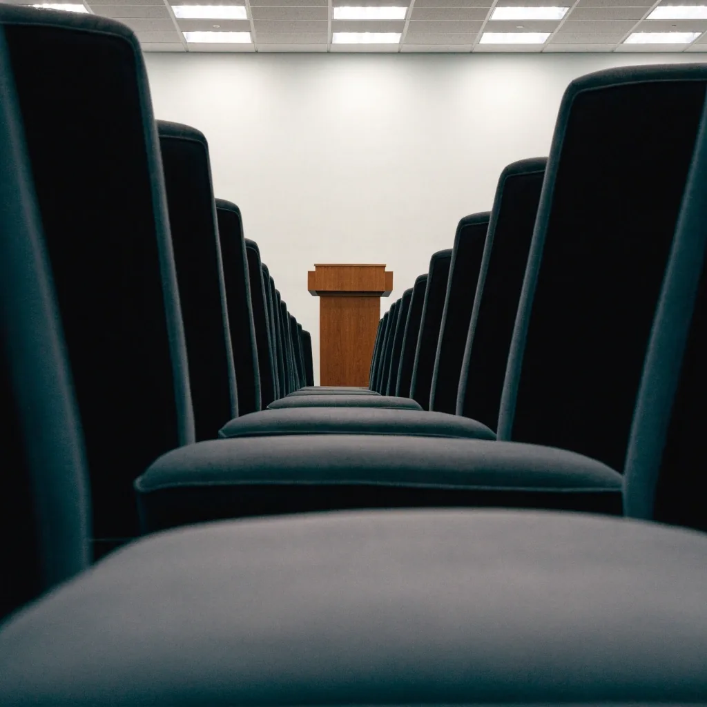 An empty press briefing room seen from the back of the seating bank under cool ceiling light