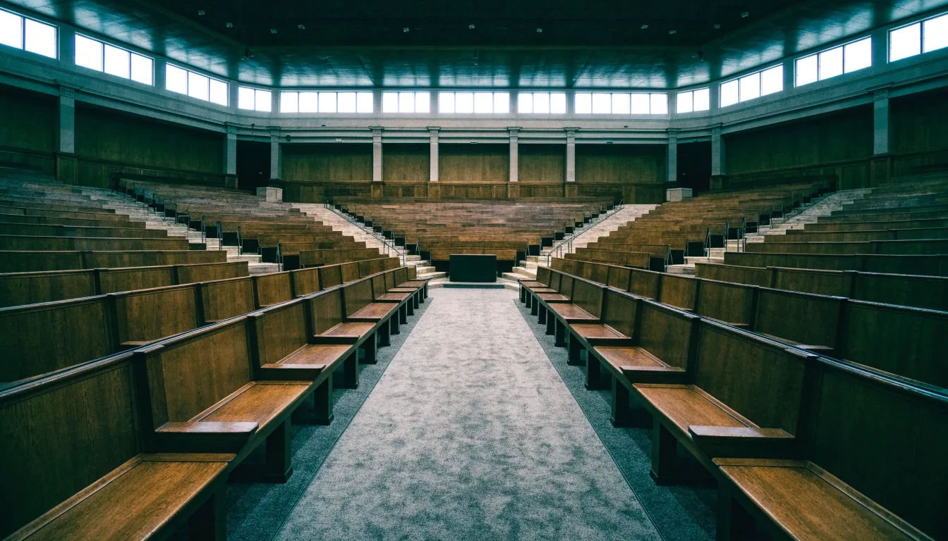 An empty parliamentary chamber seen from the gallery rail, tiered wooden benches facing each other under clerestory light