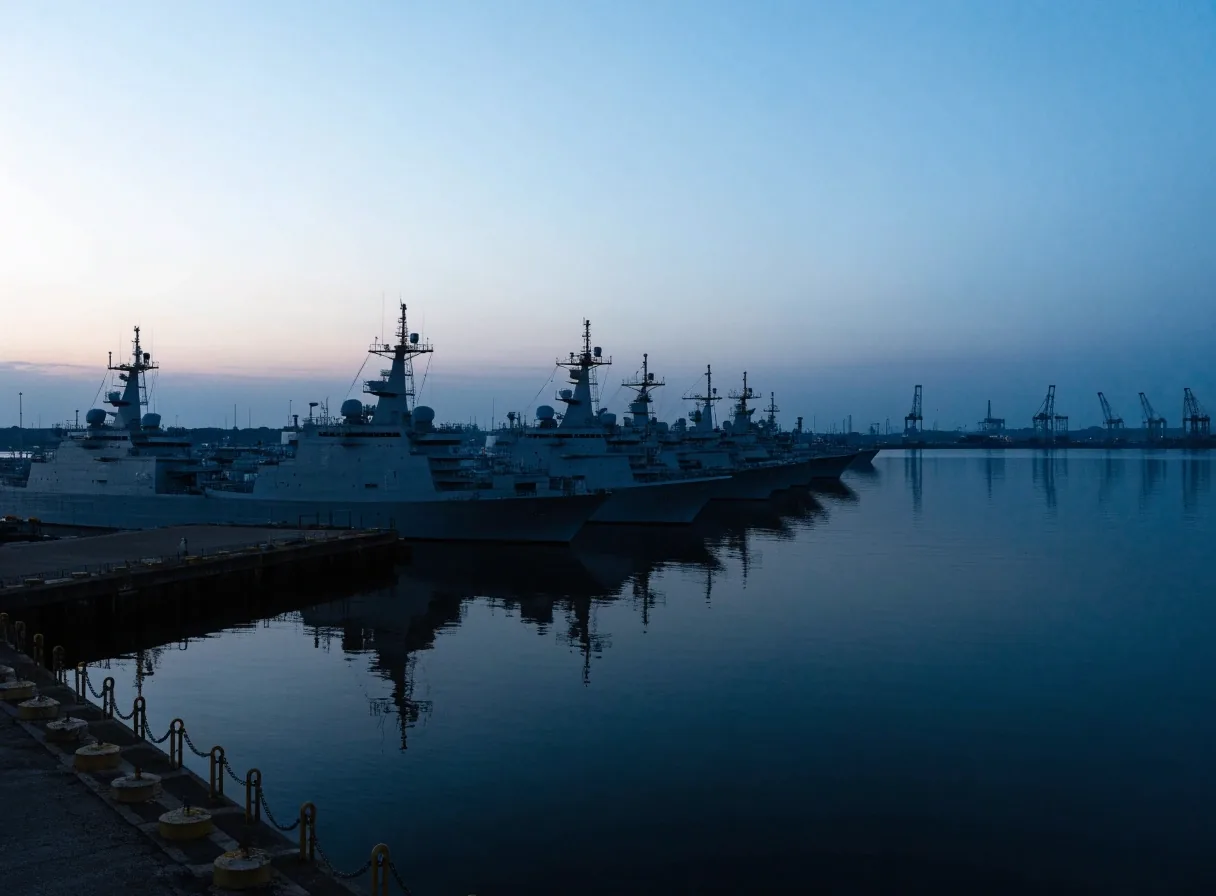 Grey naval vessels moored in a harbour at dusk seen from a high quay