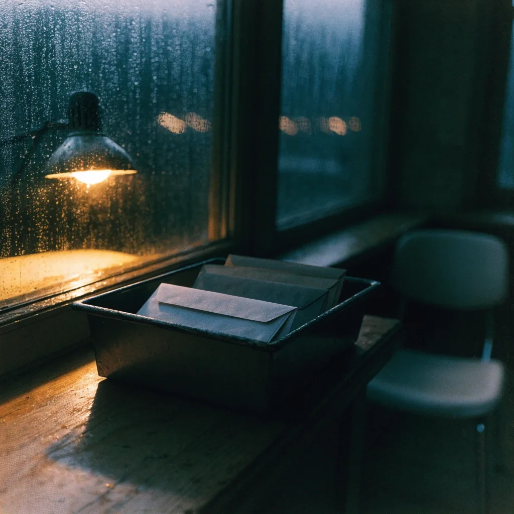 A rain-flecked newsroom window at night, warm lamplight falling on a desk inside