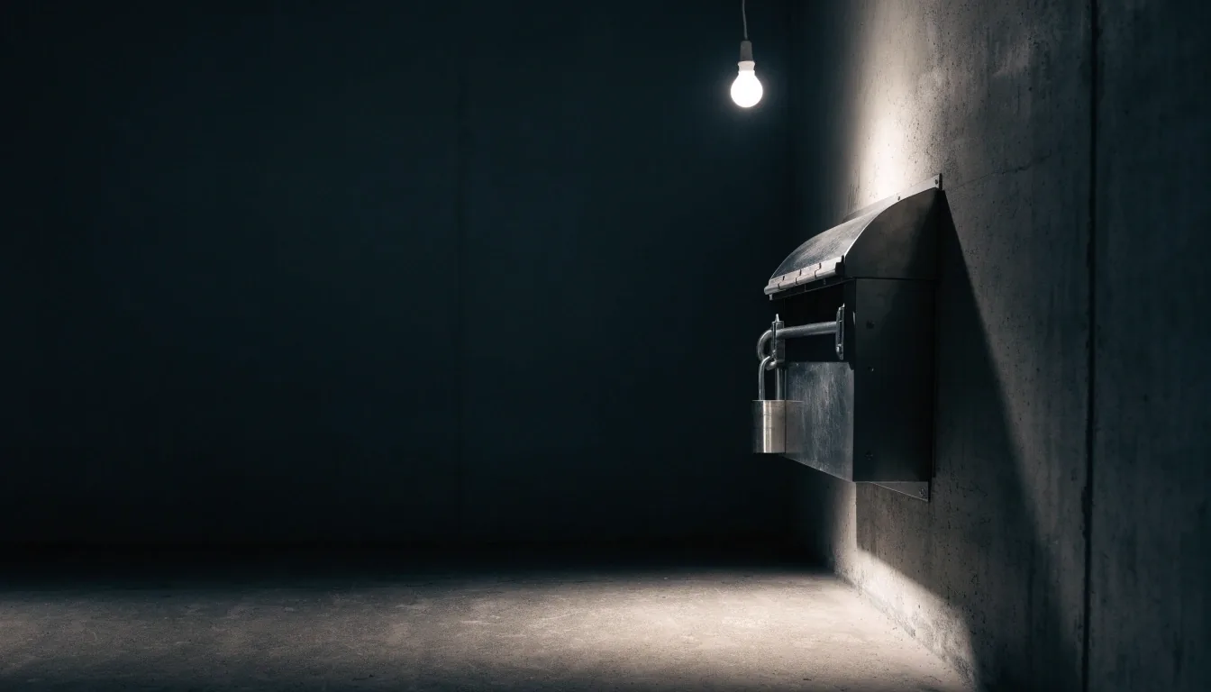 An empty press floor at night with printing machinery in shadow and one distant amber lamp