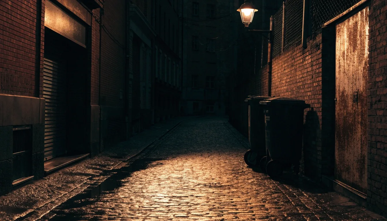 A rain-wet Brooklyn street corner at midnight under amber streetlight, with a shuttered newsstand in the shadows