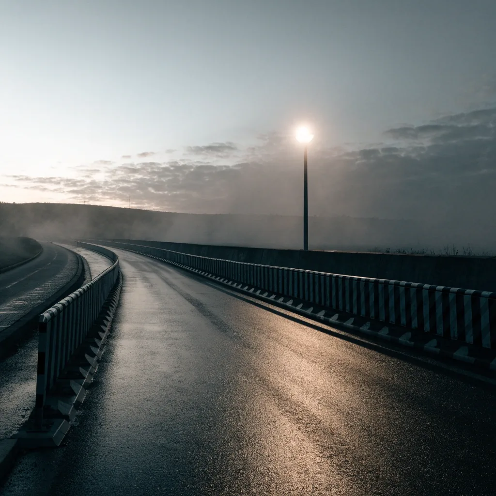 An empty border checkpoint road at first light in grey mist