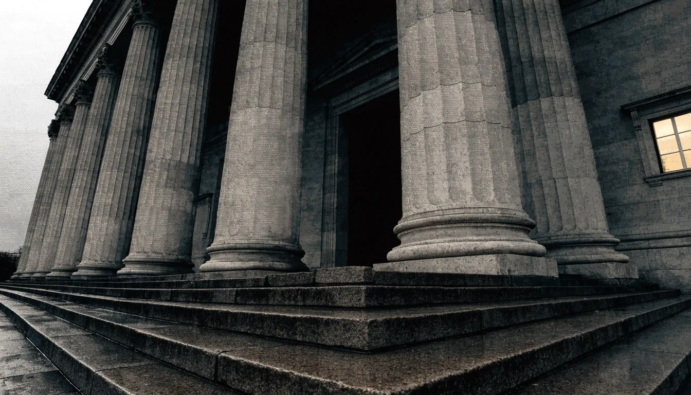 Stone steps and columns of a government building at dusk under a low grey sky