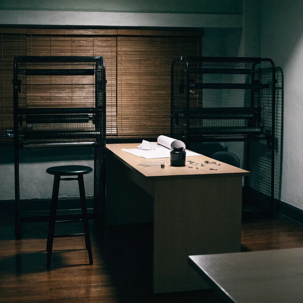 A small press office at night with wire machines in shadow under a single desk lamp