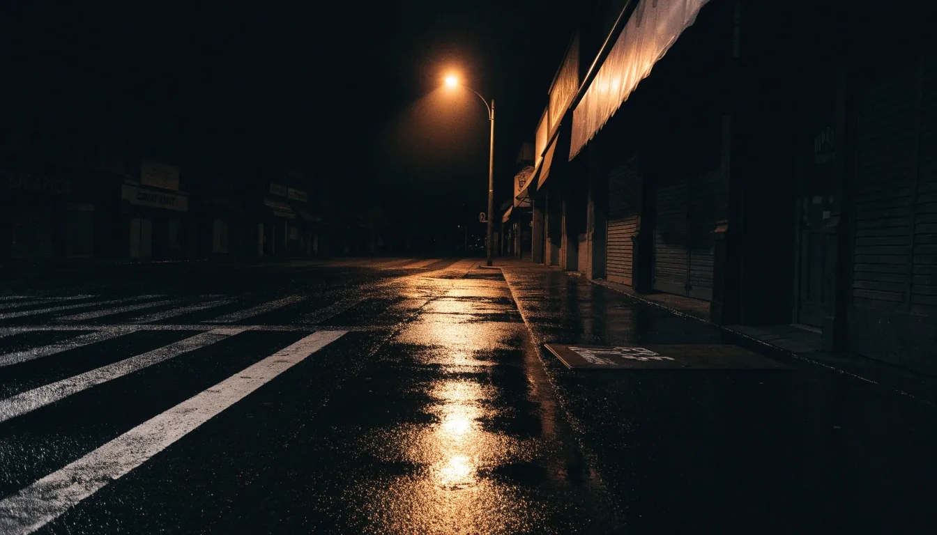 A rain-wet Brooklyn street at midnight, amber streetlight pooling on the asphalt beside a closed newsstand awning