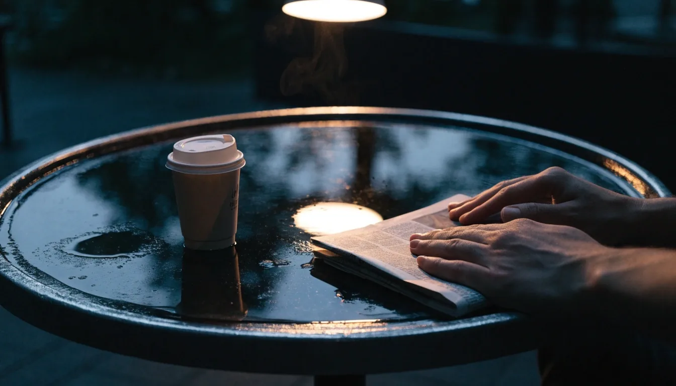 Hands resting on a folded newspaper on a rain-wet cafe table under a single overhead lamp