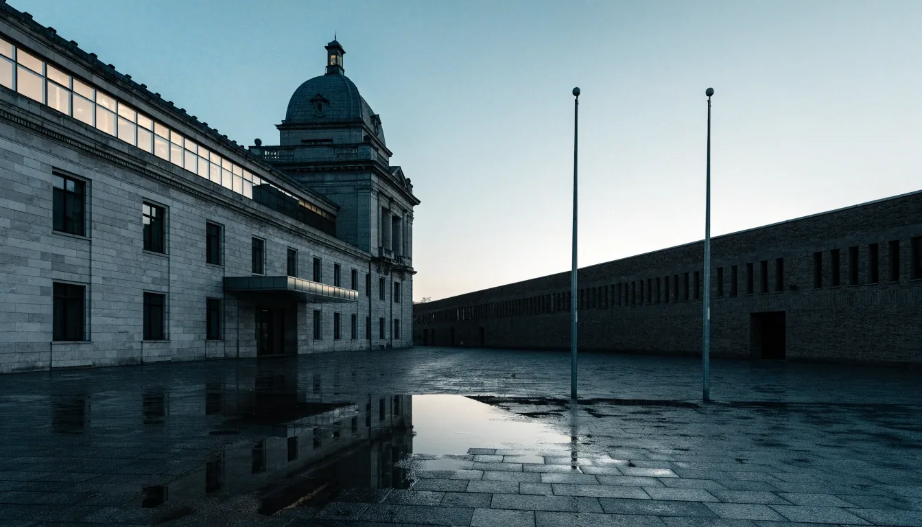 Wide stone steps and colonnade of a government press building at dusk, photographed straight on in cool grey light