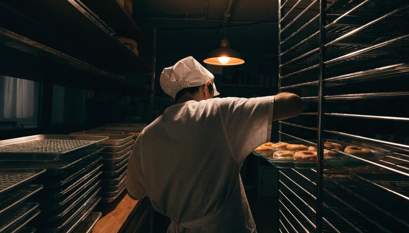 A baker lifting a tray of finished doughnuts in a dim pre-dawn shop kitchen