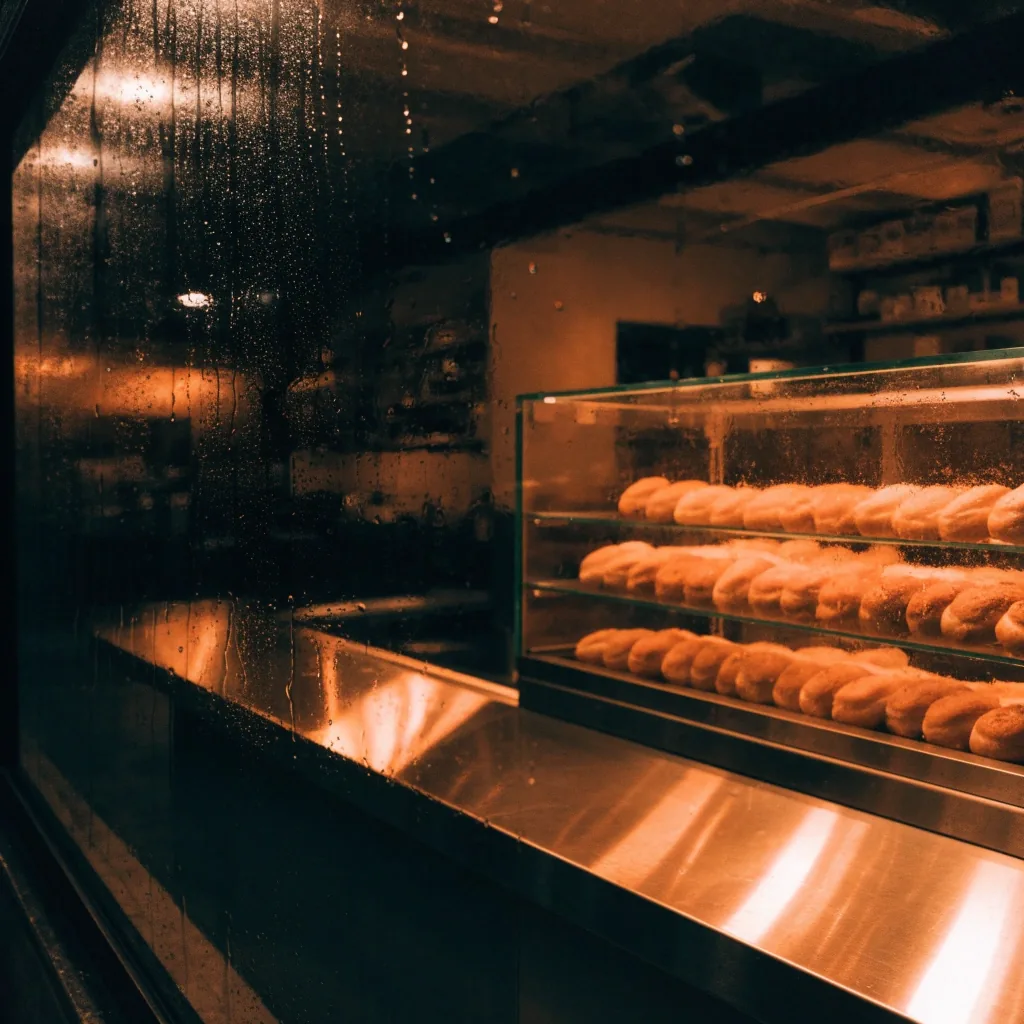 A doughnut shop counter glowing through rain-streaked glass at night