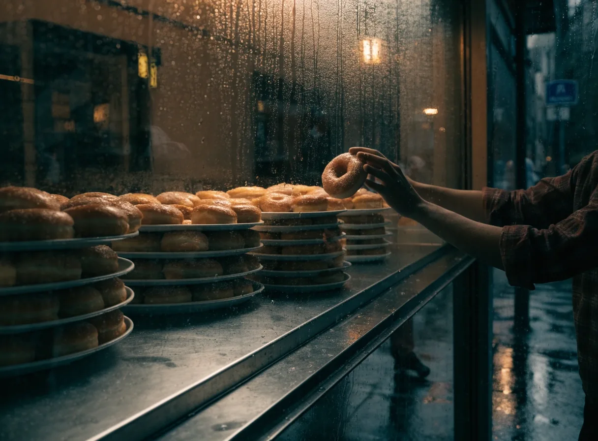 Hands lifting a glazed donut from a tray under warm counter light at night