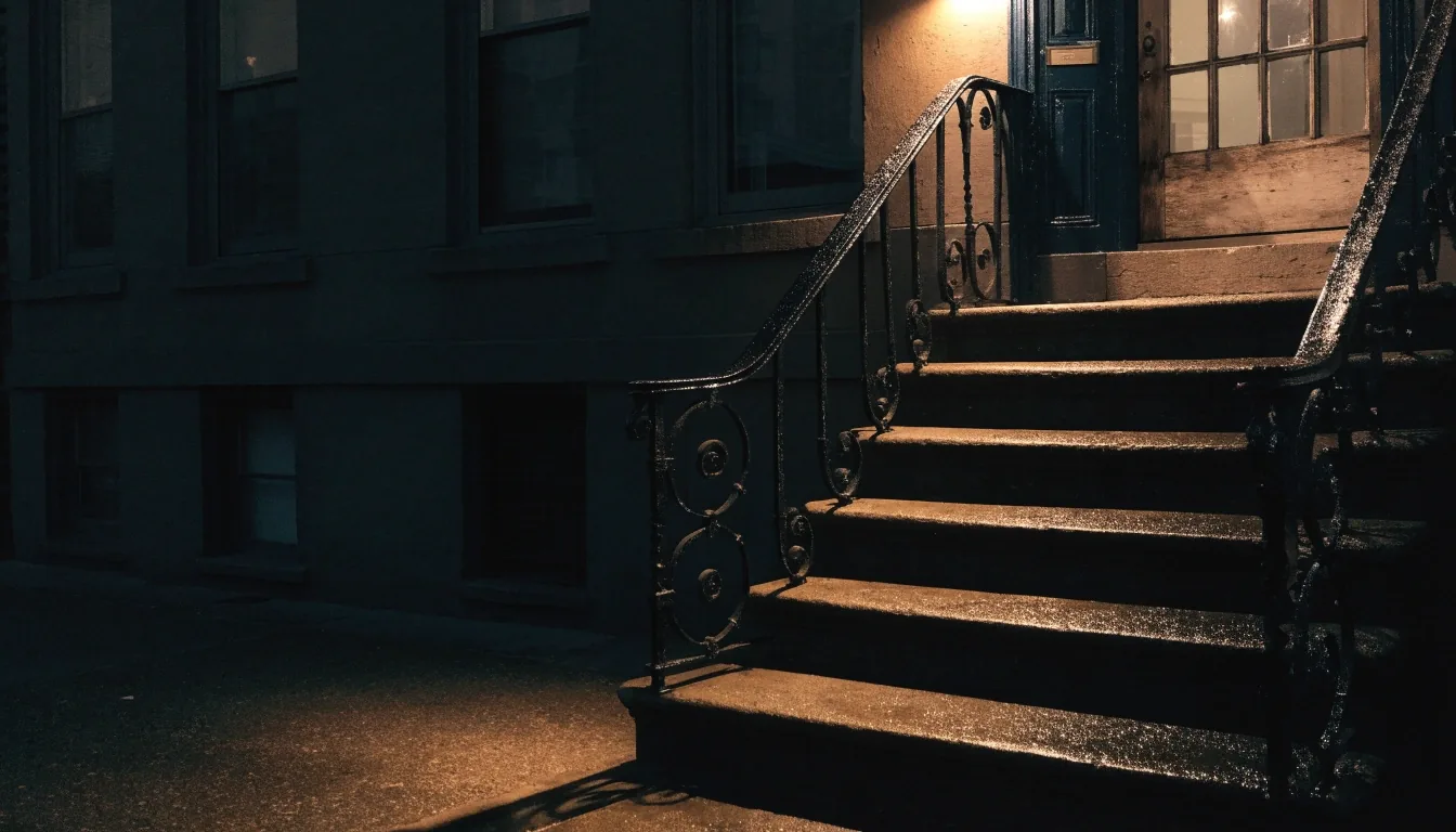A rain-wet Brooklyn street at midnight under sodium streetlight, the quiet street outside the newsroom